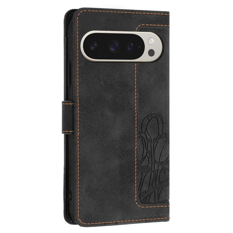 For Google Pixel 9 Pro XL Tulips Embossed Leather Phone Case with Lanyard