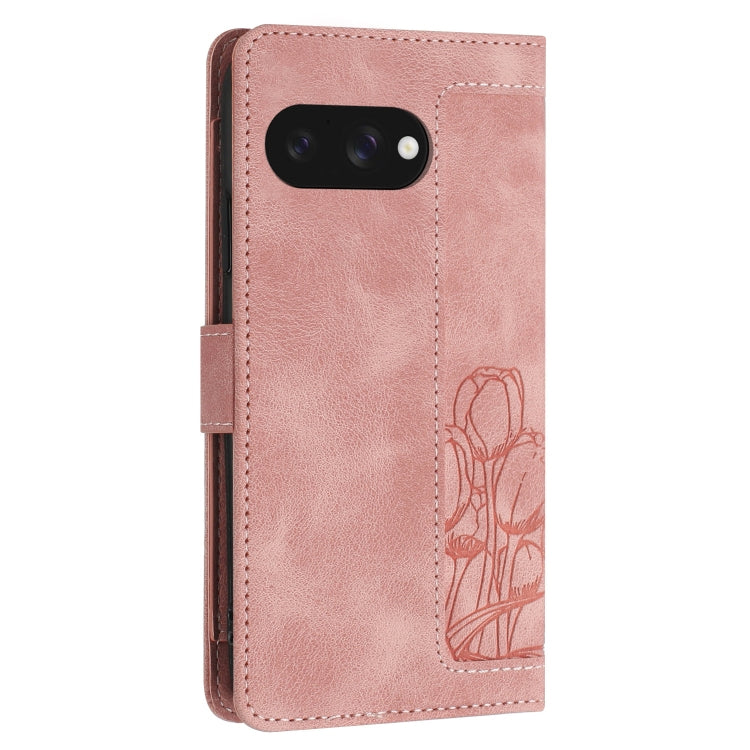 For Google Pixel 9a Tulips Embossed Leather Phone Case with Lanyard