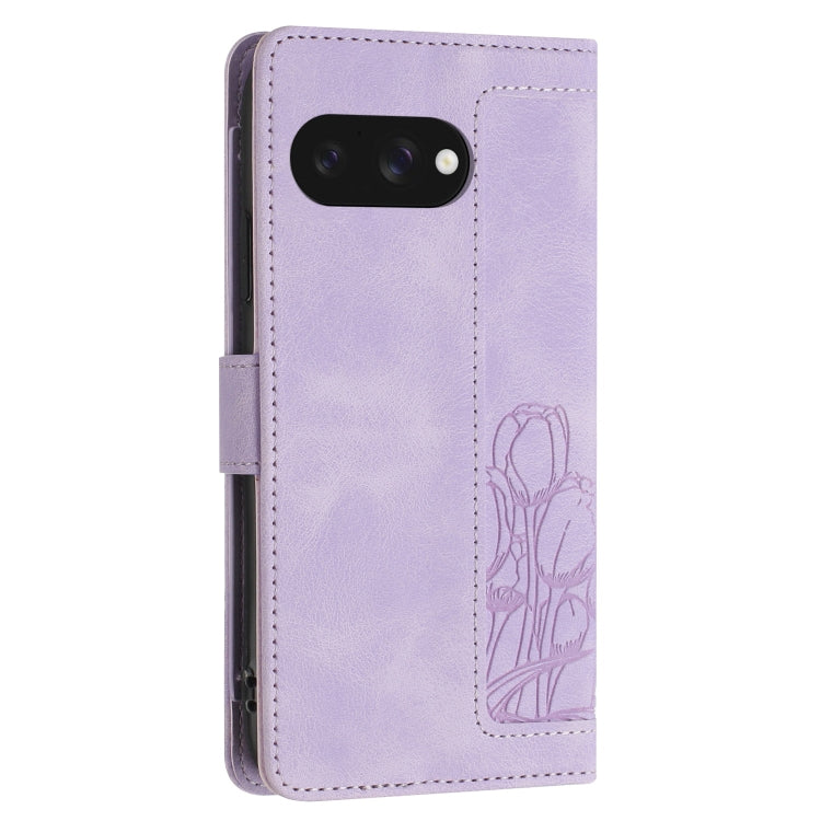 For Google Pixel 9a Tulips Embossed Leather Phone Case with Lanyard