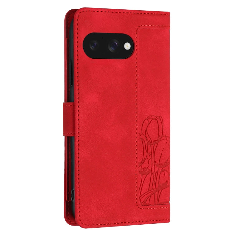 For Google Pixel 9a Tulips Embossed Leather Phone Case with Lanyard