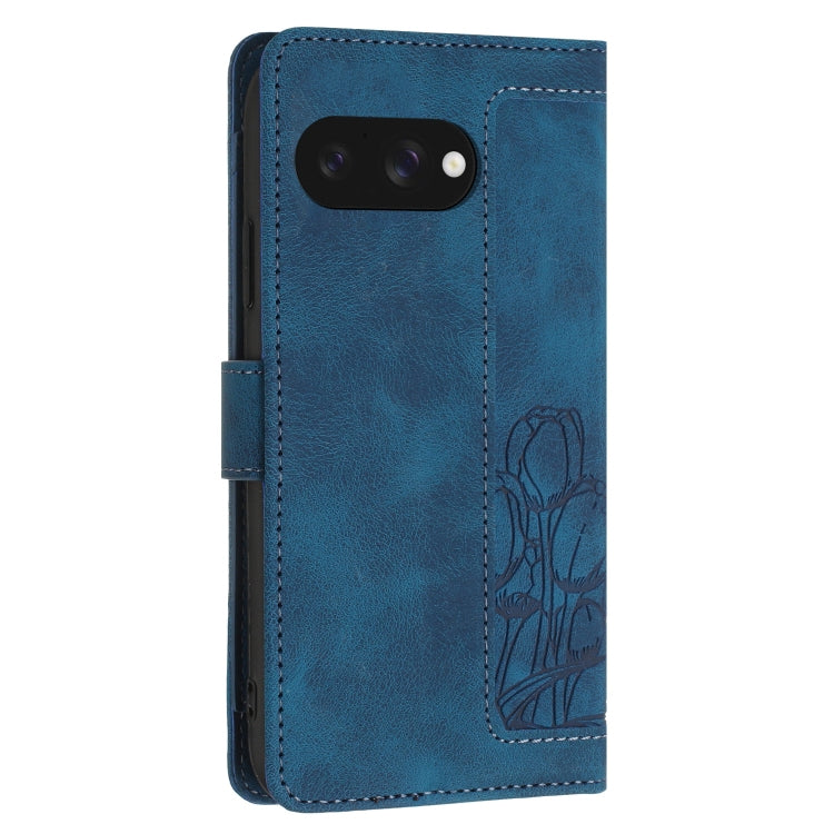For Google Pixel 9a Tulips Embossed Leather Phone Case with Lanyard
