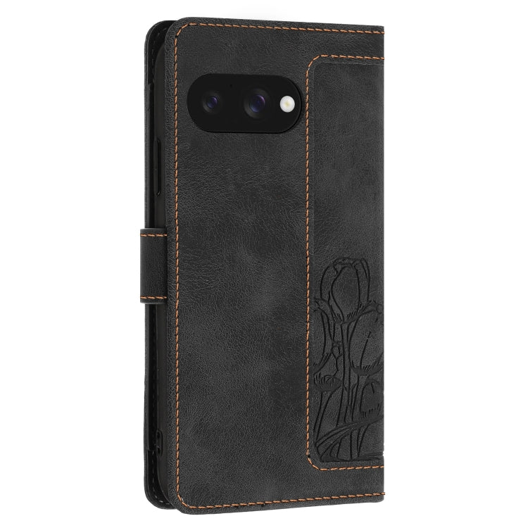 For Google Pixel 9a Tulips Embossed Leather Phone Case with Lanyard