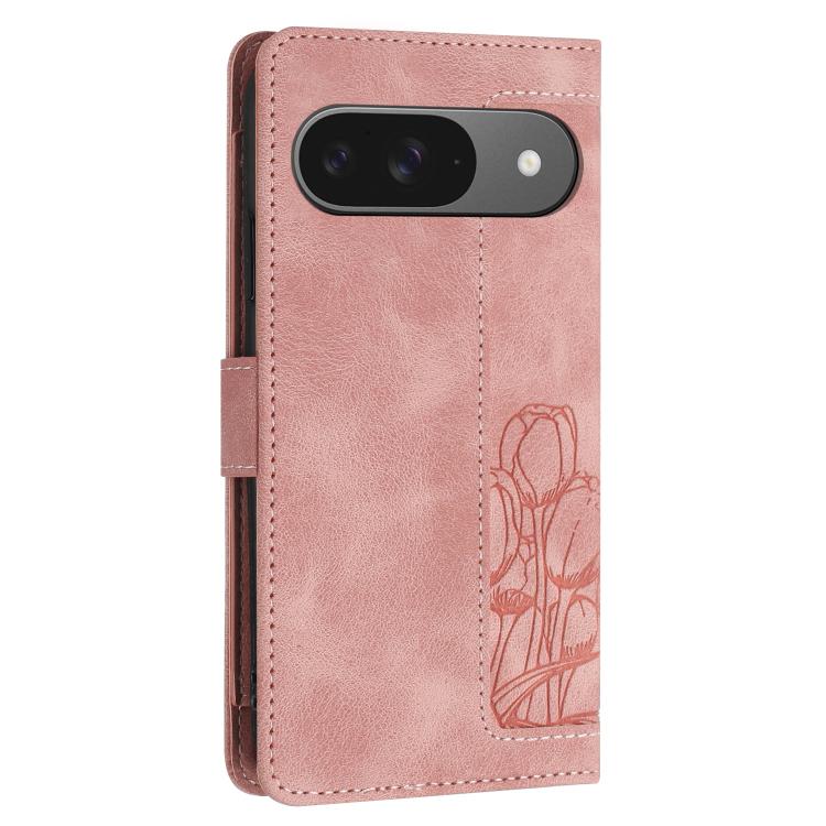 For Google Pixel 10 Tulips Embossed Leather Phone Case with Lanyard