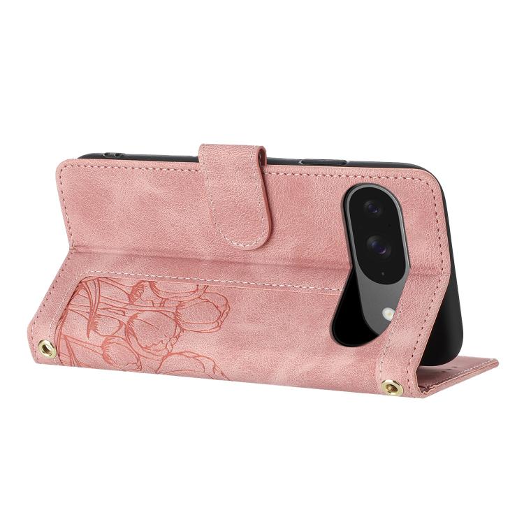 For Google Pixel 10 Tulips Embossed Leather Phone Case with Lanyard
