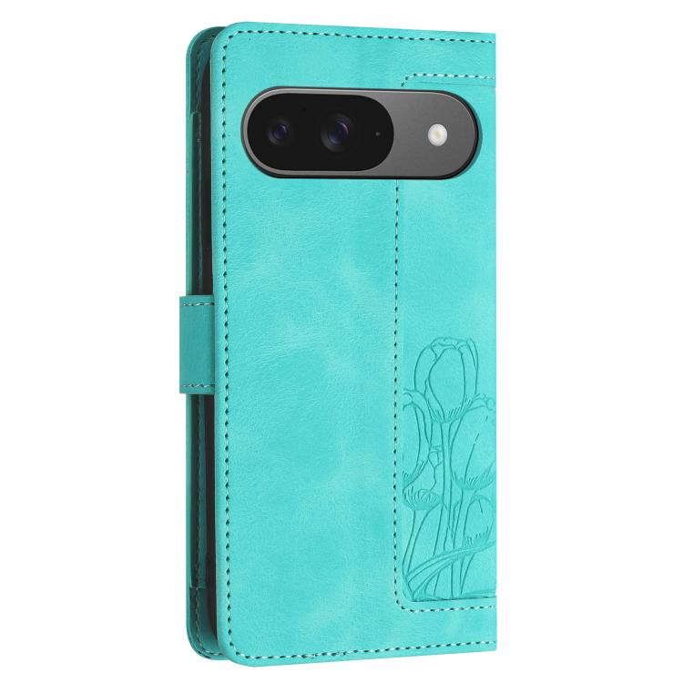 For Google Pixel 10 Tulips Embossed Leather Phone Case with Lanyard