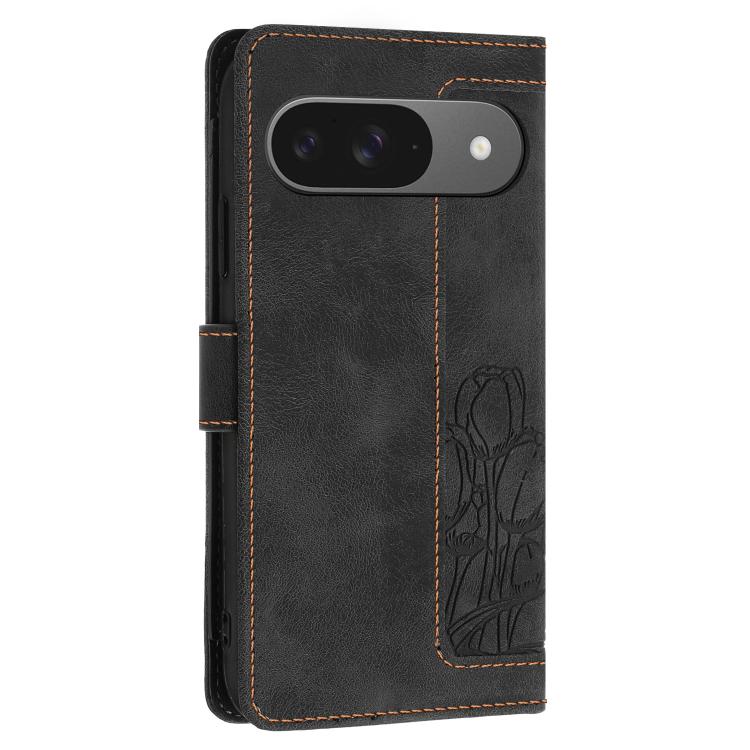 For Google Pixel 10 Tulips Embossed Leather Phone Case with Lanyard