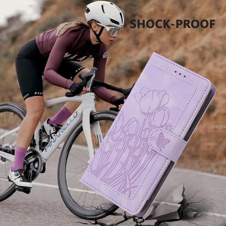 For Google Pixel 10 Pro XL Tulips Embossed Leather Phone Case with Lanyard