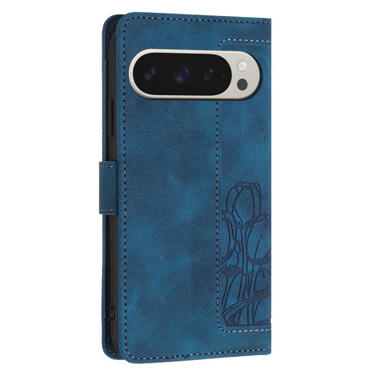 For Google Pixel 10 Pro XL Tulips Embossed Leather Phone Case with Lanyard