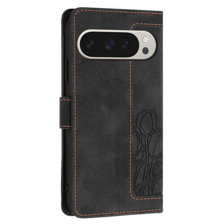 For Google Pixel 10 Pro XL Tulips Embossed Leather Phone Case with Lanyard