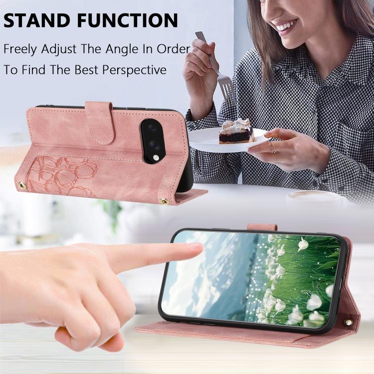 For Google Pixel 10a Tulips Embossed Leather Phone Case with Lanyard
