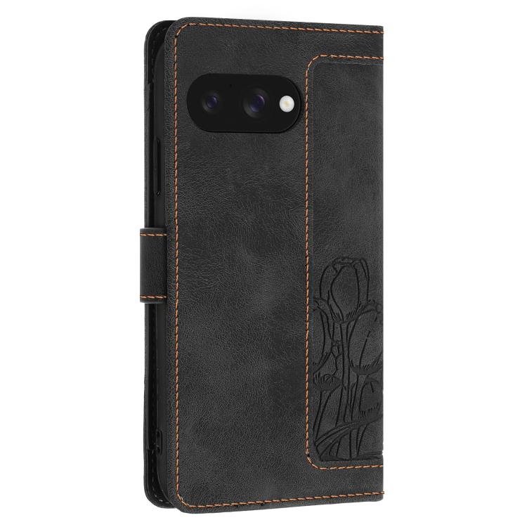 For Google Pixel 10a Tulips Embossed Leather Phone Case with Lanyard