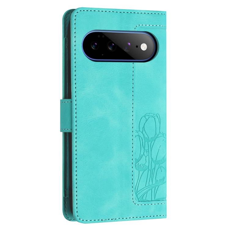For Google Pixel 11 Pro XL Tulips Embossed Leather Phone Case with Lanyard