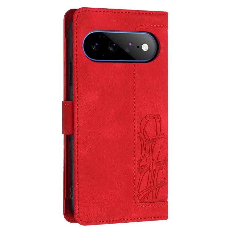 For Google Pixel 11 Pro XL Tulips Embossed Leather Phone Case with Lanyard