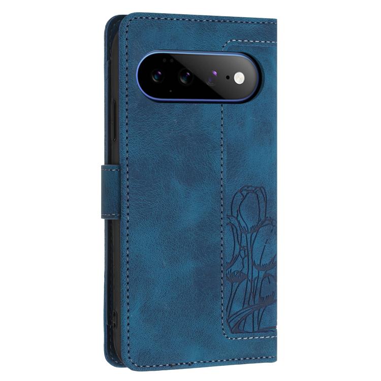 For Google Pixel 11 Pro XL Tulips Embossed Leather Phone Case with Lanyard