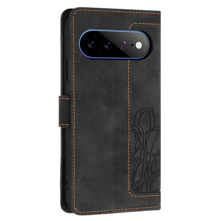 For Google Pixel 11 Pro XL Tulips Embossed Leather Phone Case with Lanyard