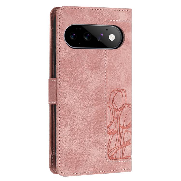 For Google Pixel 11 / 11 Pro Tulips Embossed Leather Phone Case with Lanyard