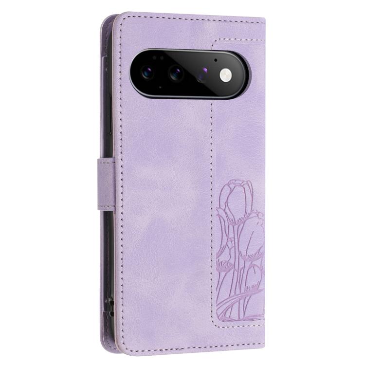 For Google Pixel 11 / 11 Pro Tulips Embossed Leather Phone Case with Lanyard