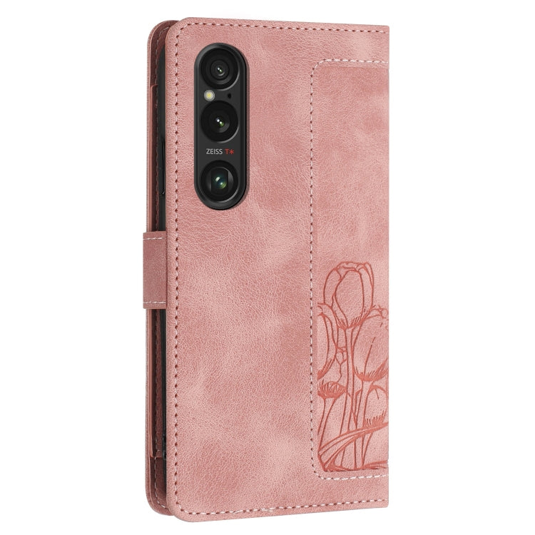 For Sony Xperia 1 VI Tulips Embossed Leather Phone Case with Lanyard