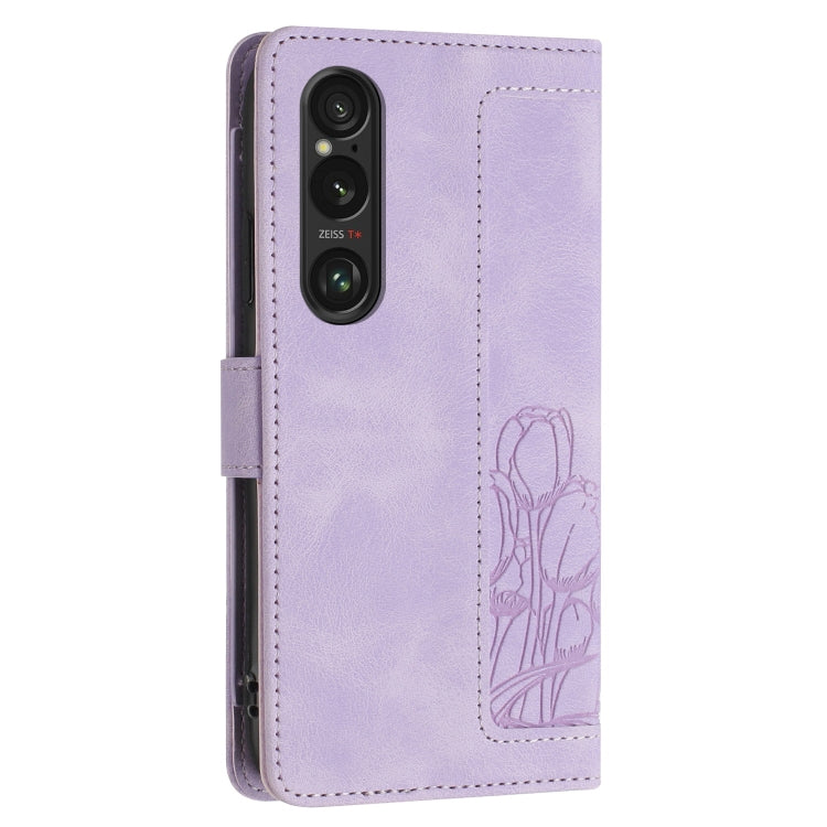 For Sony Xperia 1 VI Tulips Embossed Leather Phone Case with Lanyard