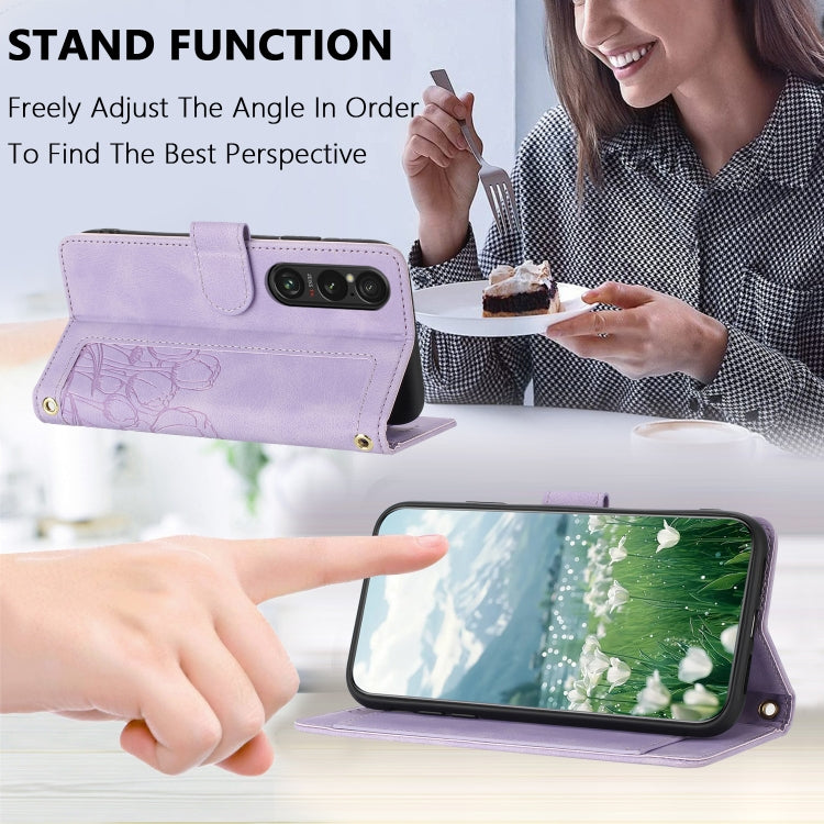For Sony Xperia 1 VI Tulips Embossed Leather Phone Case with Lanyard
