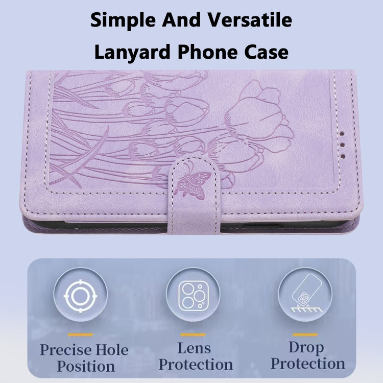For Sony Xperia 1 VI Tulips Embossed Leather Phone Case with Lanyard