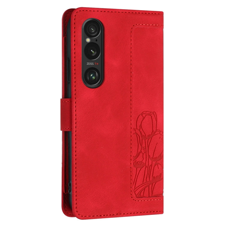 For Sony Xperia 1 VI Tulips Embossed Leather Phone Case with Lanyard