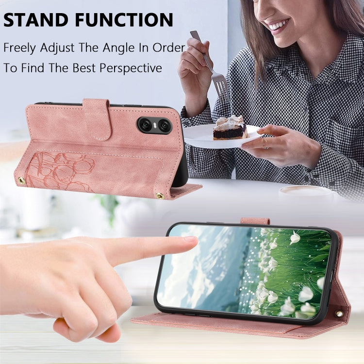For Sony Xperia 10 VI Tulips Embossed Leather Phone Case with Lanyard