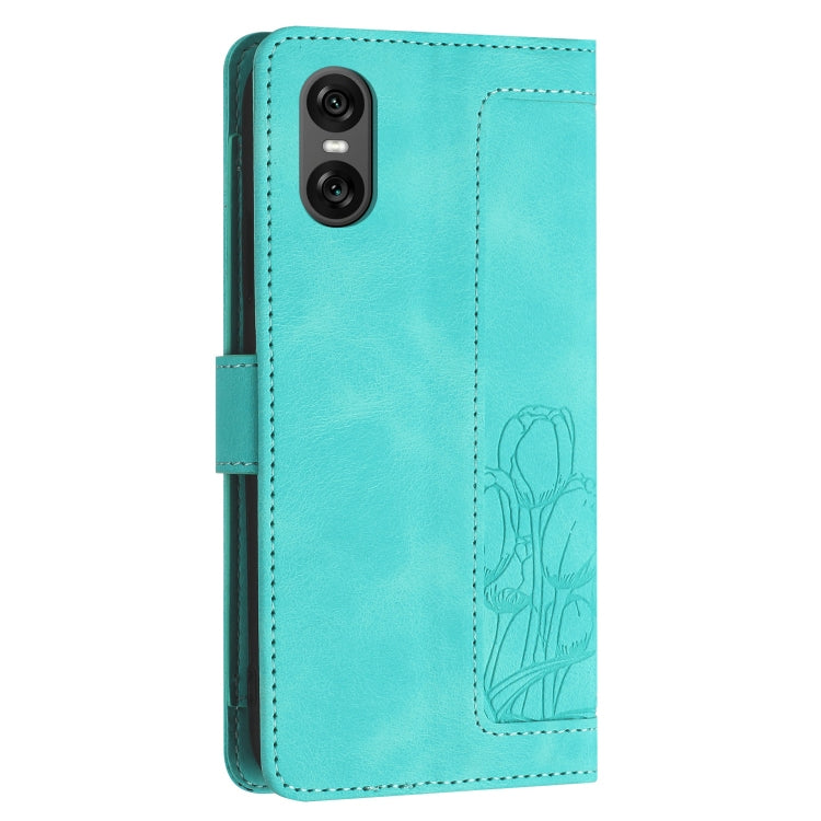 For Sony Xperia 10 VI Tulips Embossed Leather Phone Case with Lanyard