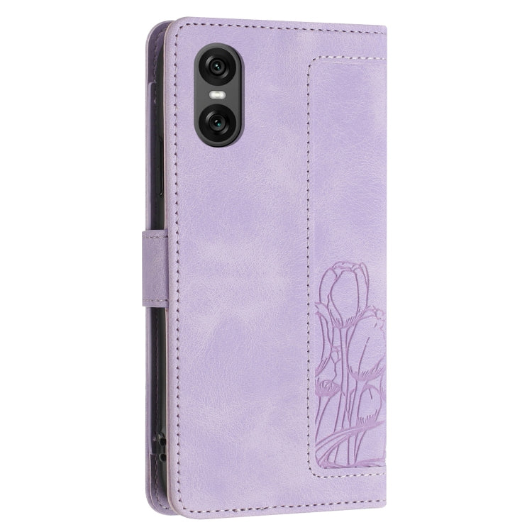 For Sony Xperia 10 VI Tulips Embossed Leather Phone Case with Lanyard