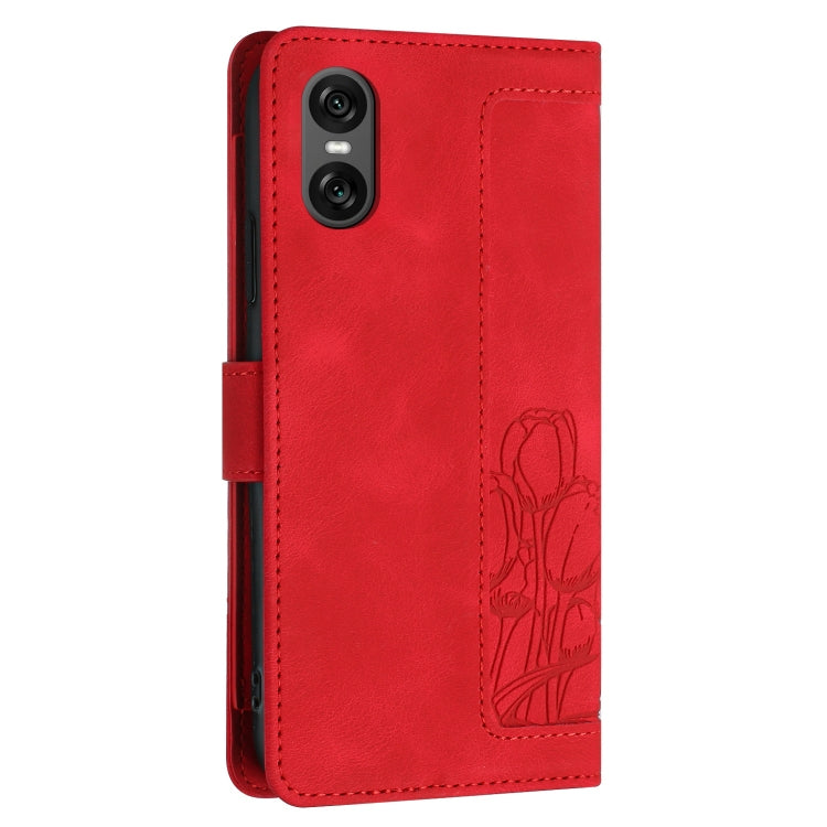For Sony Xperia 10 VI Tulips Embossed Leather Phone Case with Lanyard