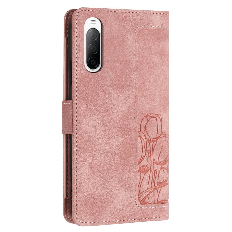 For Sony Xperia 10 V Tulips Embossed Leather Phone Case with Lanyard