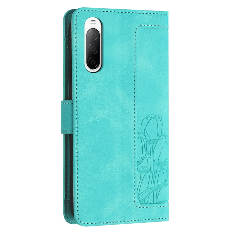 For Sony Xperia 10 V Tulips Embossed Leather Phone Case with Lanyard