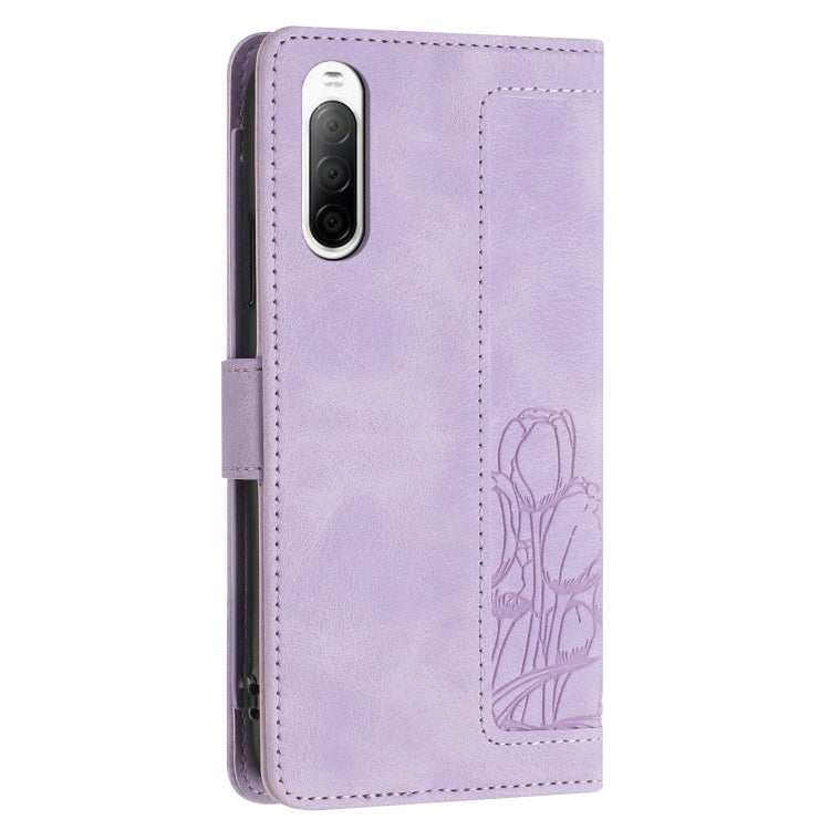 For Sony Xperia 10 V Tulips Embossed Leather Phone Case with Lanyard