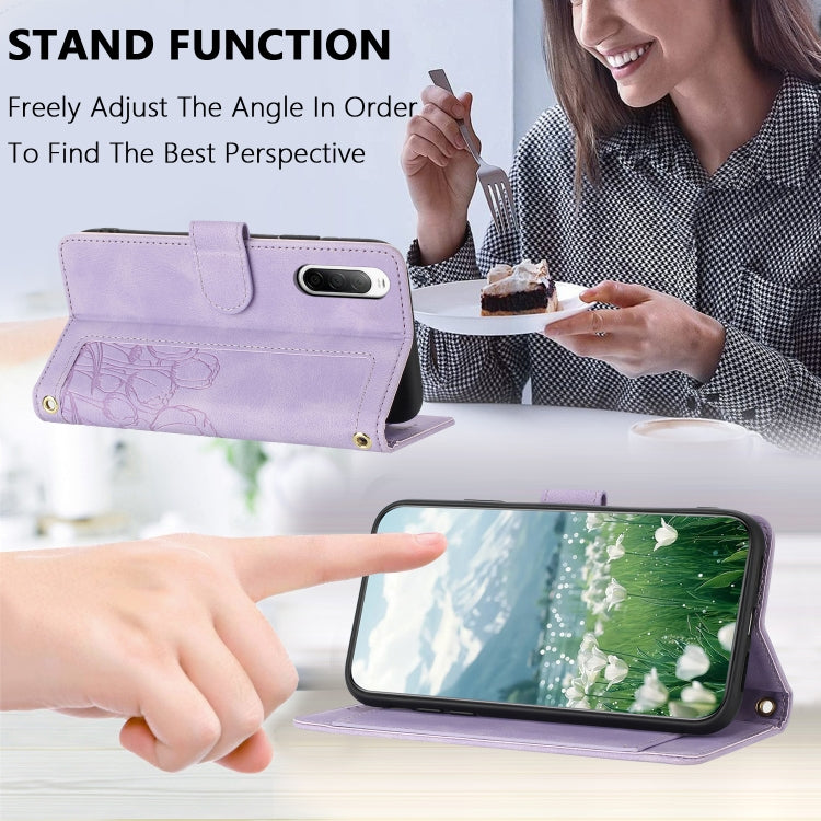 For Sony Xperia 10 V Tulips Embossed Leather Phone Case with Lanyard