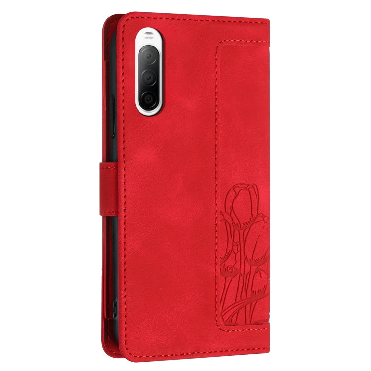 For Sony Xperia 10 V Tulips Embossed Leather Phone Case with Lanyard