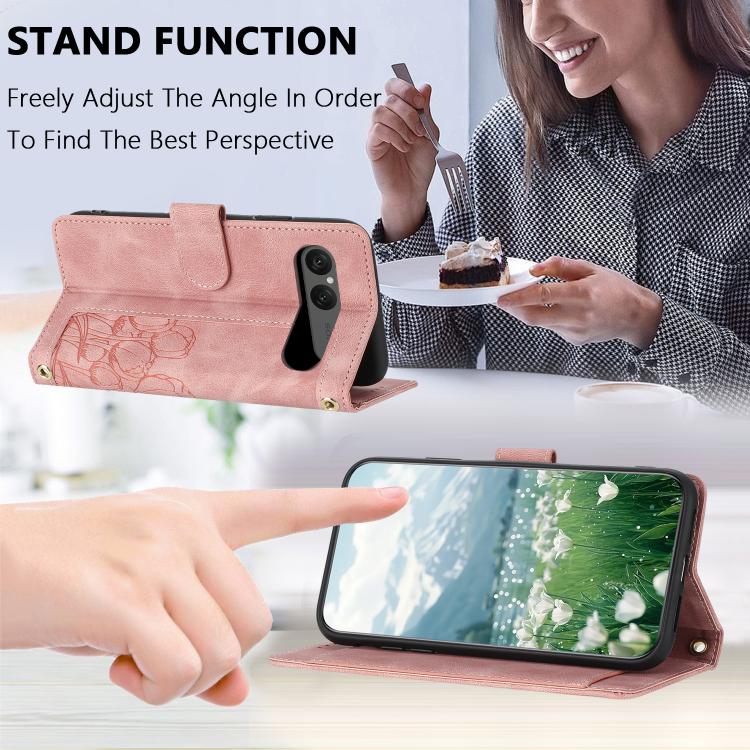 For Sony Xperia 10 VII Tulips Embossed Leather Phone Case with Lanyard