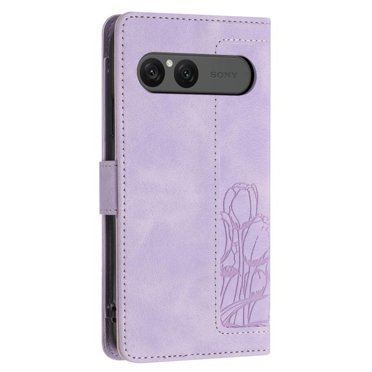 For Sony Xperia 10 VII Tulips Embossed Leather Phone Case with Lanyard