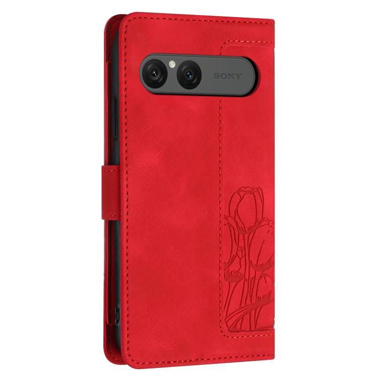 For Sony Xperia 10 VII Tulips Embossed Leather Phone Case with Lanyard