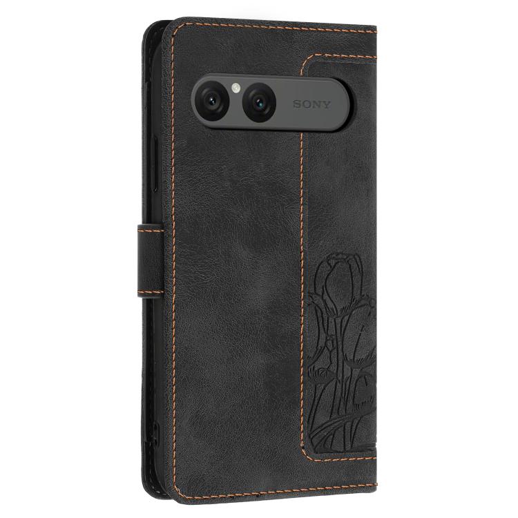 For Sony Xperia 10 VII Tulips Embossed Leather Phone Case with Lanyard