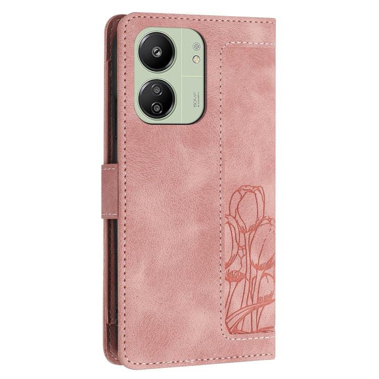 For Redmi 13C 4G / 5G Tulips Embossed Leather Phone Case with Lanyard