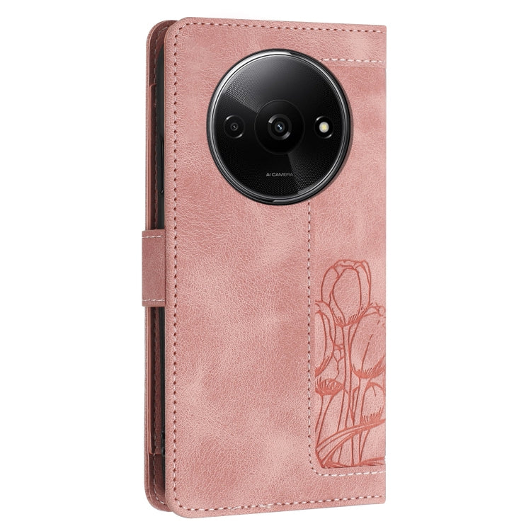 For Redmi A3 Tulips Embossed Leather Phone Case with Lanyard