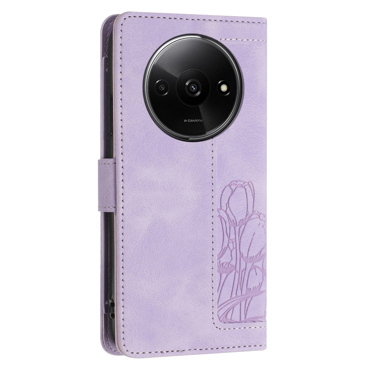 For Redmi A3 Tulips Embossed Leather Phone Case with Lanyard