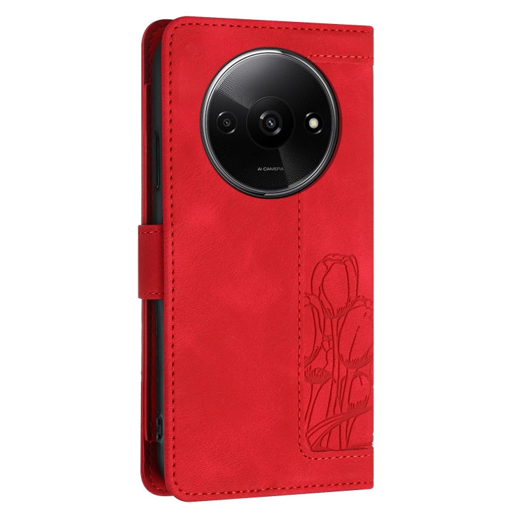 For Redmi A3 Tulips Embossed Leather Phone Case with Lanyard