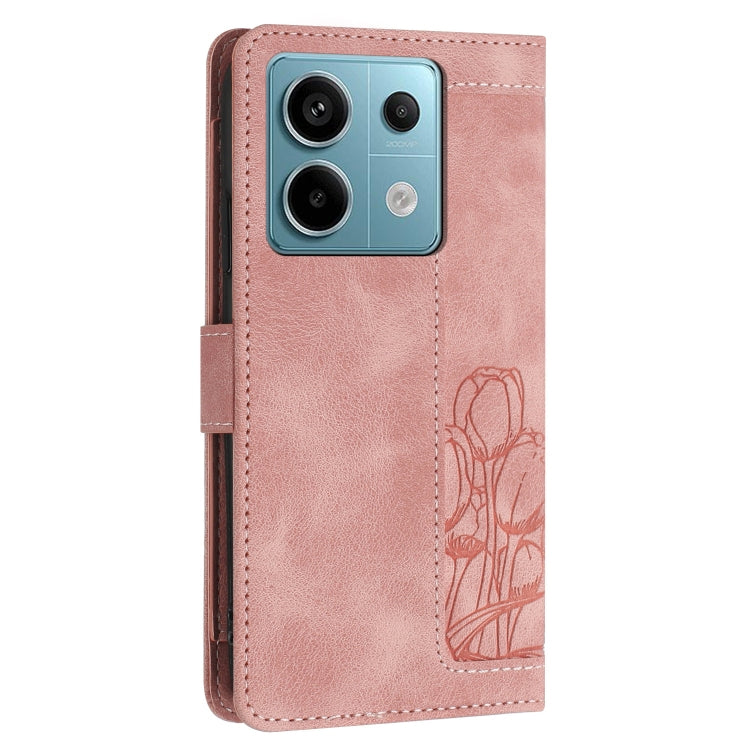 For Redmi Note 13 5G Tulips Embossed Leather Phone Case with Lanyard