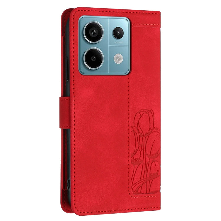 For Redmi Note 13 5G Tulips Embossed Leather Phone Case with Lanyard