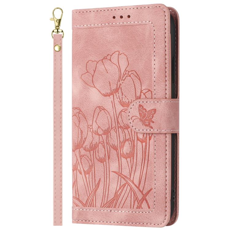 For Redmi Note 14 5G Tulips Embossed Leather Phone Case with Lanyard