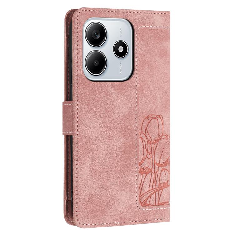 For Redmi Note 14 5G Tulips Embossed Leather Phone Case with Lanyard