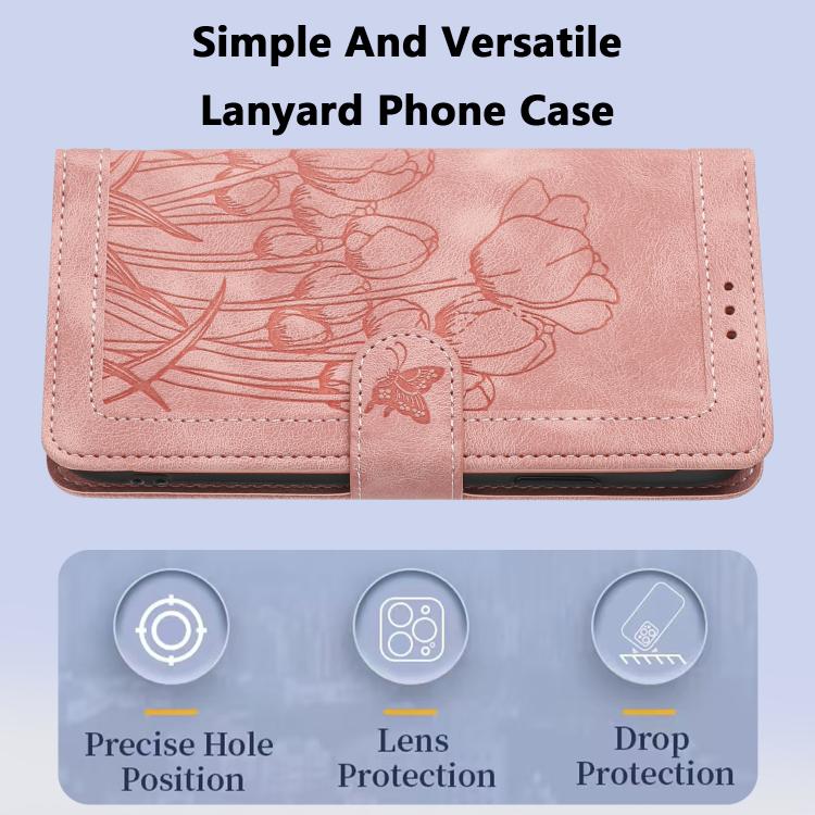 For Redmi Note 14 5G Tulips Embossed Leather Phone Case with Lanyard
