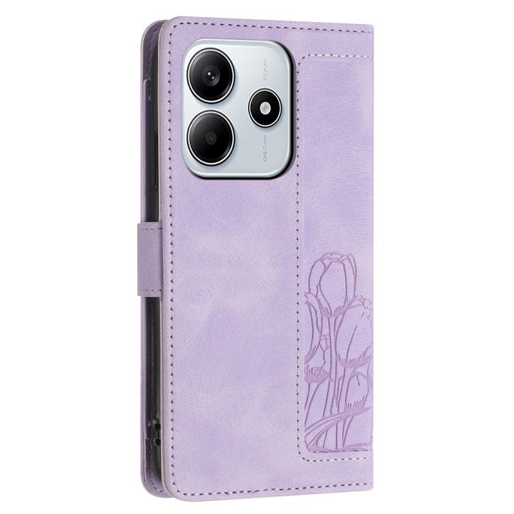 For Redmi Note 14 5G Tulips Embossed Leather Phone Case with Lanyard