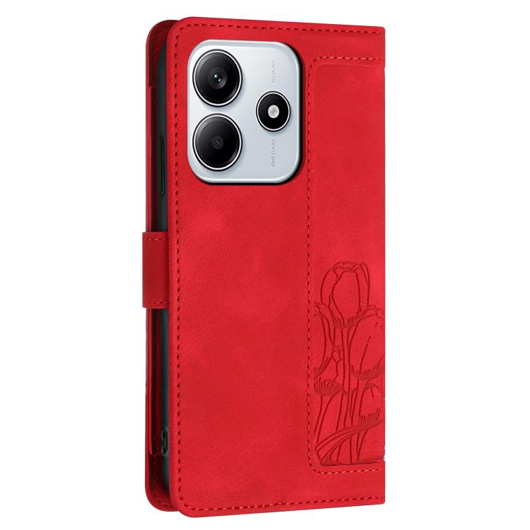 For Redmi Note 14 5G Tulips Embossed Leather Phone Case with Lanyard
